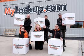 MYLockup.com on Cayton Low Road collect for the Ukraine - back - Neil Barker, Axel Barker, Pete Burnell..front Kayliegh Watson, Manager Janine Watson, and Jamie Barker..pic Richard Ponter