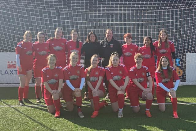 Scarborough Ladies Under-18s line up before their final match as a squad. Back, from left, Jolie Matthews, Beth Barnes, Lauren Corner, Emma Willis, Rachel Peterson (Coach) Kevin Matthews (manager) Alex Metcalfe, Chidera Olalere, Emilie Wetzig. Front, from left,  Lara Peasegood-Capilla, Poppy Simpson, Phoebe Wareing, Amber Colling, Ellie Pateman (captain) and Mae Chaplin.