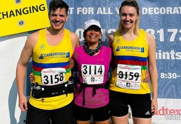 From left, Aaron Padgham, Melanie Padgham and Georgia Tinsdale after completing the Hastings Half-Marathon