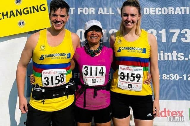 From left, Aaron Padgham, Melanie Padgham and Georgia Tinsdale after completing the Hastings Half-Marathon