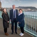 Professor Sir Chris Whitty is pictured with Louise Wallace, North Yorkshire’s Director of Public Health (right), and Dr Victoria Turner, a North Yorkshire public health consultant, during his visit to Scarborough to witness work that is under way to counter the impact of the Covid-19 pandemic. (Photo: North Yorkshire County Council)