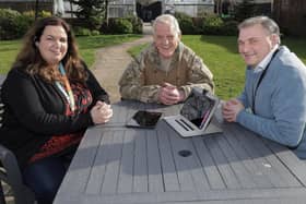 Beyond Housing Volunteer Co-ordinator Lucy Farquharson (left) with volunteers Stephen Donaghue (centre) and Geoff Wears (right) who have been trialling the data bank scheme.