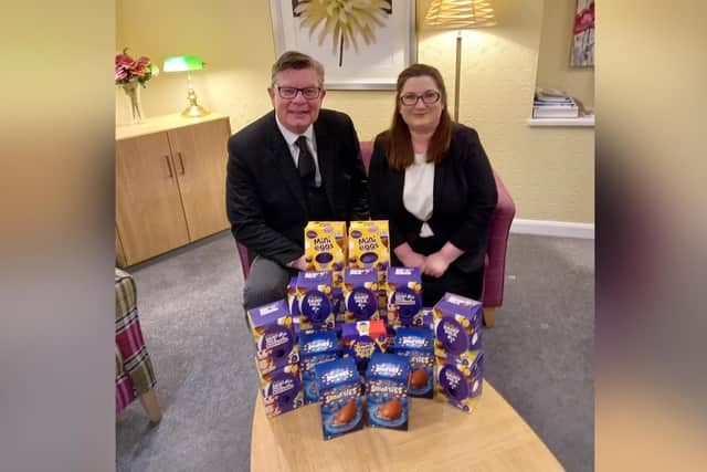 Nick Tindall of B Bernard & Sons Funeral Directors and Business Leader Rachael Green with some Easter eggs.