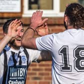Sleights' Marc Kipling celebrates his goal with a teammate in their 3-1 Ryedale Hospital Cup semi win

Photos by Brian Murfield