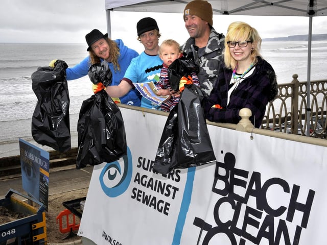 Pictured are Steve Crawford, left, Scarborough rep for Surfers Against Sewage, Mark Pickering, Mike Wilby with his son, Woody, and Jazzmine Snape, ready for the South Bay beach clean, organised by the surfers group.