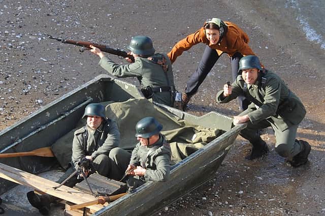 This photograph, taken by Paul Atkinson in 2014, shows actress Catherine Zeta-Jones at Flamborough’s North Landing during the filming of the Dad’s Army movie which also starred Toby Jones, Bill Nighy, Michael Gambon and Tom Courtenay. (NBFP PA1444-14f)