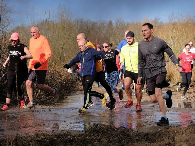 Jumping over puddles at the North Yorkshire Water Park Parkrun