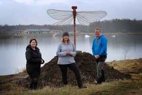 Kerry Carruthers, Emma Stothard and James Whitehead pictured by the damselfly sculpture.