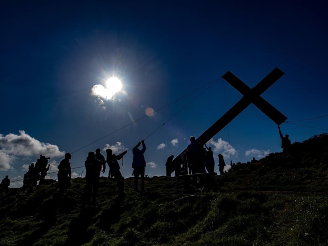 The 36ft symbol has been an iconic feature of the local landscape at Easter for almost every year since it was introduced by Otley Council in 1969. It is put in place at Surprise View.