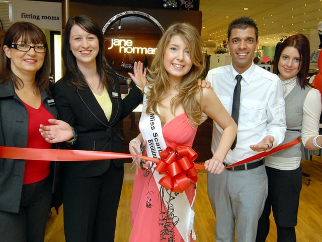 The opening of the Jane Norman department at Debenhams. Pictured, left to right: sales manager Gina Wood, store manager Emma Shaw, Miss Scarborough Jade Saunders, Jane Norman manager Dan De-Freitas, staff member Eryn Reynolds.