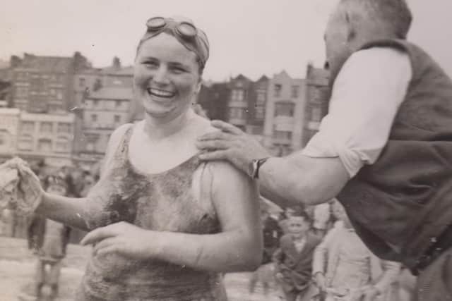 Margaret getting lambs' fat put on by her father George Feather for the Scarborough Castle foot swim in 1950.
Photos courtesy of the Sam Rockett Collection., Dover Museum (www.channelswimmingdover.org.uk) and Kim Abdou