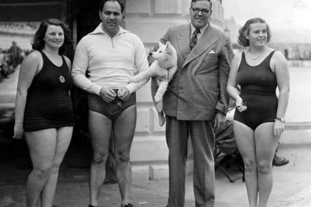 At Scarborough Open Air Pool to give a Channel swimming training exhibition, from left, Margaret Feather, Sam Rockett,Ted Temme and Willy Van Rijsel.
Photos courtesy of the Sam Rockett Collection., Dover Museum (www.channelswimmingdover.org.uk) and Kim Abdou