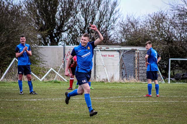 Alex Chapman, who usually plays in goal for Edgehill Reserves, celebrates scoring in a rare outfield appearance in the 7-3 success against Filey Town Reserves
Photo by Alec Coulson