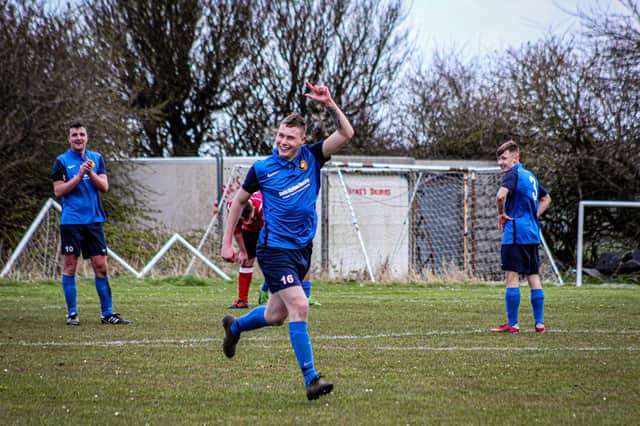 Alex Chapman, who usually plays in goal for Edgehill Reserves, celebrates scoring in a rare outfield appearance in the 7-3 success against Filey Town Reserves

Photo by Alec Coulson