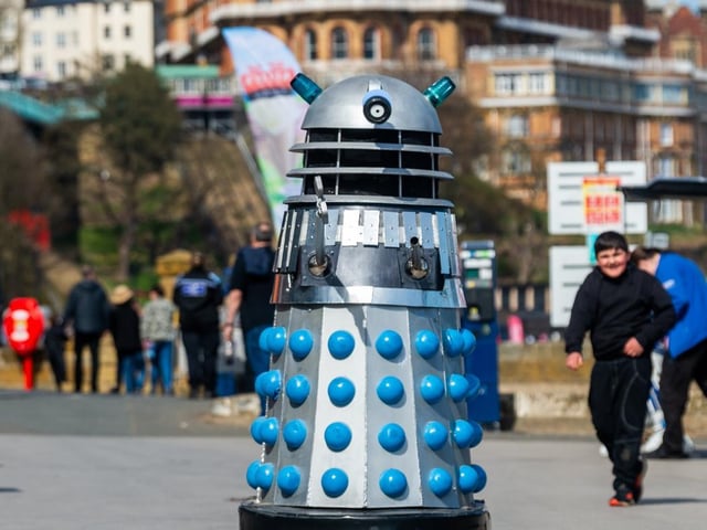 A Dalek heads back towards Scarborough Spa.
