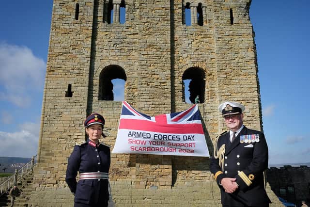Lord Lieutenant Joanna Ropner with Commodore Phil Waterhouse at Scarborough Castle.