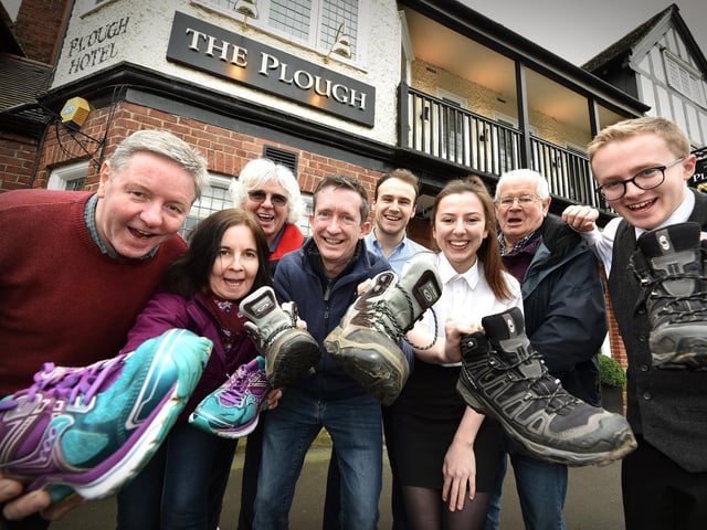 2019 walkers ready for the hike! Pictured are John White, Tom Gillom, Annabel and Jamie Wallis, ,Tom Harrison, Ellie Geall, Ian Anderson and Jack Rewcroft.