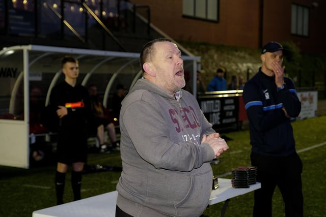 The Scarborough Sunday League's Paddy Parke performs the post-match announcements at the Senior Cup final