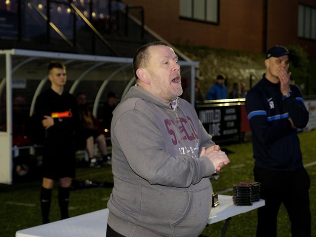 The Scarborough Sunday League's Paddy Parke performs the post-match announcements at the Senior Cup final