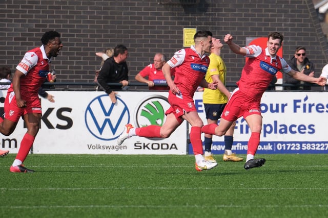 Scarborough Athletic celebrate the opening goal during the win against Gainsborough Trinity