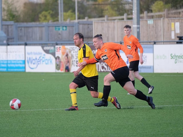 Trafalgar boss Jamie Patterson in action v Valley in the Senior Cup final