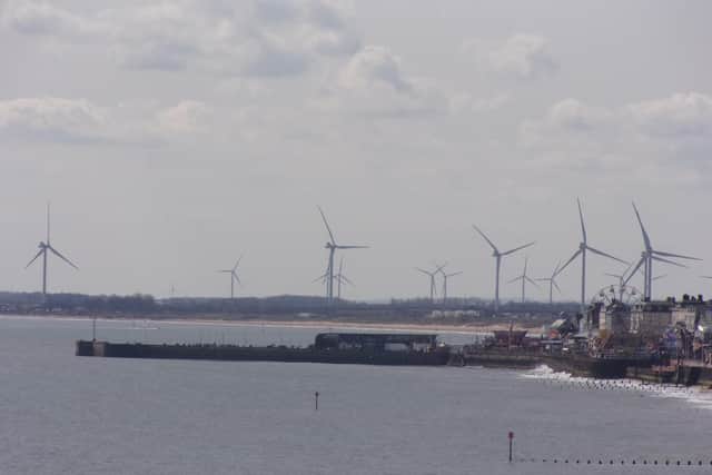 John Hemsworth captures a classic view of Bridlington from the north side on a grey day with the wind turbines in the background.