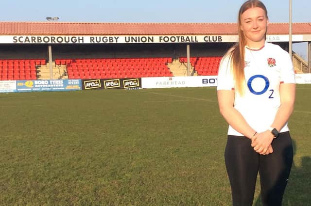 Steph Else lines up at Scarborough RUFC in her England shirt