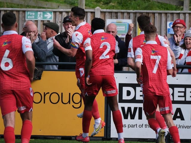 Boro celebrate a goal in their 5-2 home win against Radcliffe