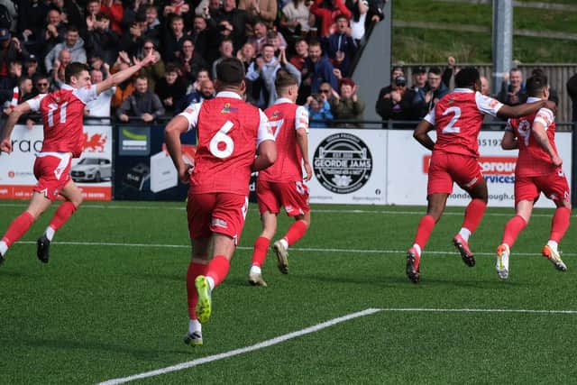 Scarborough Athletic skipper Michael Coulson celebrates his second goal
Photos by Richard Ponter