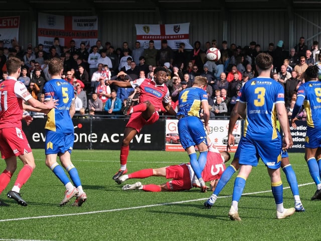 Defender Kieran Weledji fires at the Radcliffe goal