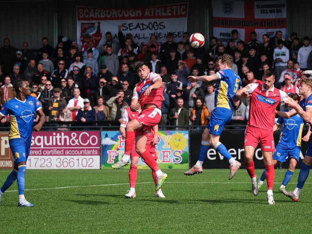 Boro centre-backs Dylan Cogill, left, and Will Thornton in action in the 5-2 win at home to Radcliffe