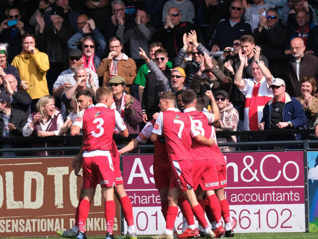 Michael Coulson celebrates his early equaliser for Boro against Radcliffe