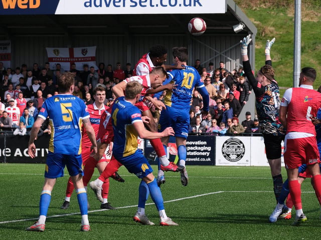 Kieran Weledji heads at goal for Boro