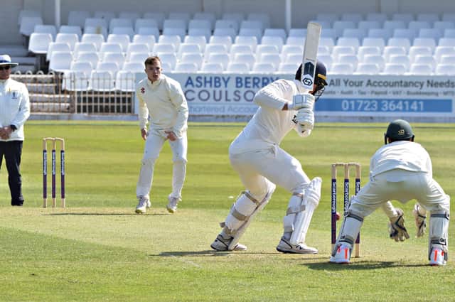 Scarborough all-rounder Breidyn Schaper in bowling action during the home win against Beverley Town CC

Photo by Simon Dobson