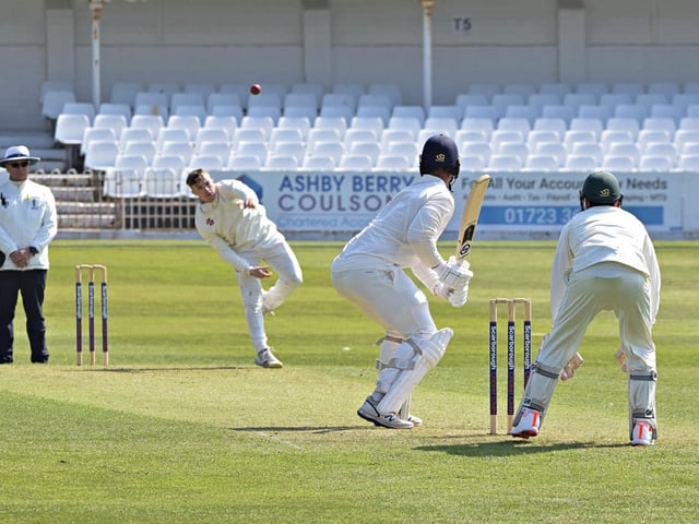 Breidyn Schaper in bowling action for Scarborough Cricket Club 1sts' in their opening-day win against Beverley Town
Photo by Simon Dobson