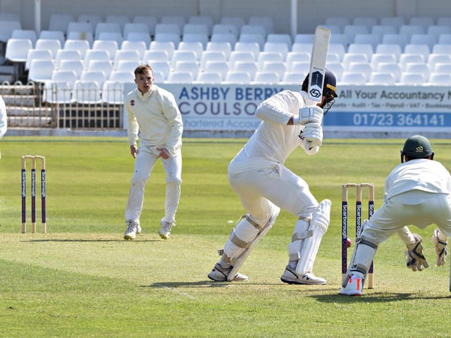 Breidyn Schaper in bowling action for Scarborough Cricket Club 1sts' in their opening-day win against Beverley Town
Photo by Simon Dobson
