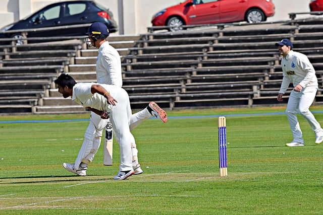 Prince Bedi in bowling action for Scarborough Cricket Club 1sts' in their opening-day win against Beverley Town

Photo by Simon Dobson