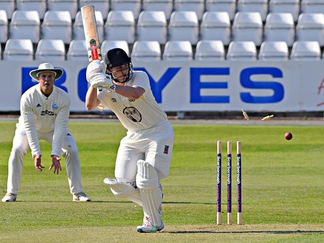 Scarborough CC batsman Duncan Brown is clean-bowled during the home side's run-chase against Beverley Town

Photo by Simon Dobson