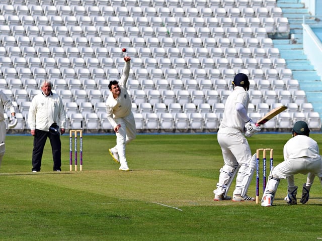 Ben Elvidge in bowling action for Scarborough Cricket Club 1sts' in their opening-day win against Beverley Town

Photo by Simon Dobson