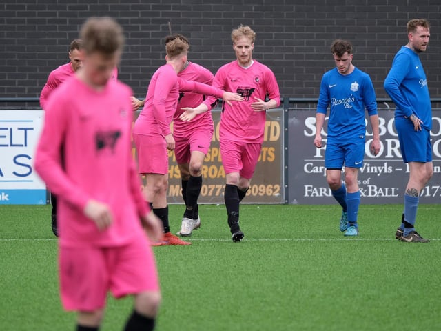 Cayton Corinthians celebrate Nicko Dunn putting them in front v Roscoes Bar in the Goal Sports Trophy final