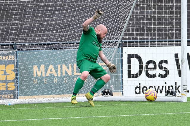 Man of the match Nat Harrison in goal for Roscoes Bar in the shoot-out in the Goal Sports Trophy final
Photos by Richard Ponter