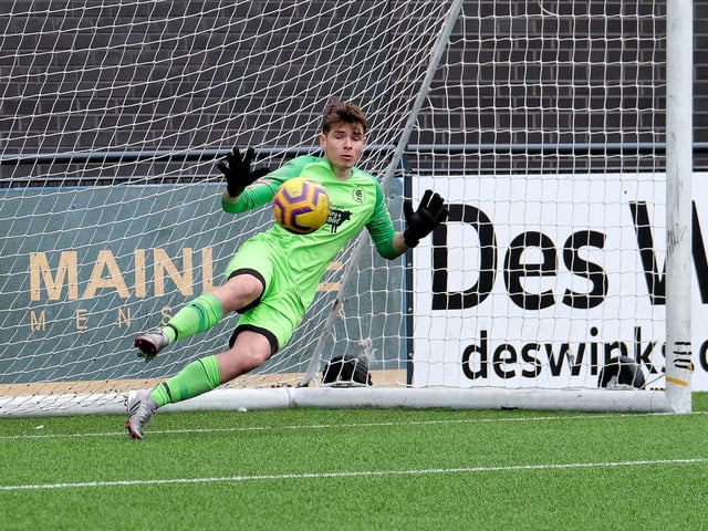 Chris Bowes in goal for Cayton in the shoot-out during the Goal Sports Trophy final