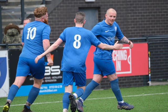 Roscoes Bar celebrate their leveller by John Price in the Goalsports Trophy final