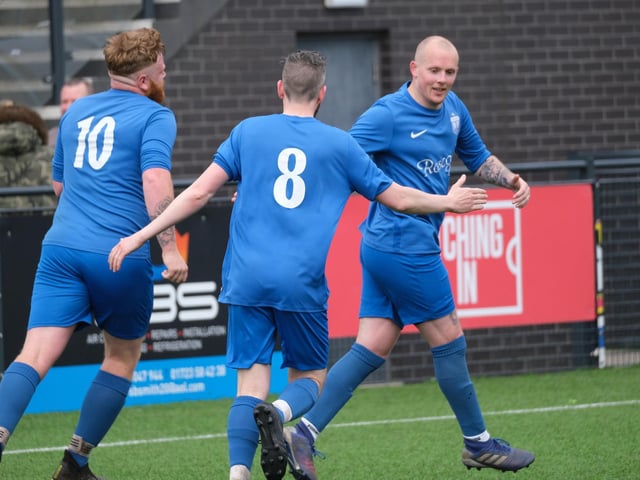 Roscoes Bar celebrate their leveller by John Price in the Goalsports Trophy final