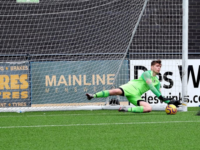 Chris Bowes makes the save which won the Goalsports Trophy final for Cayton