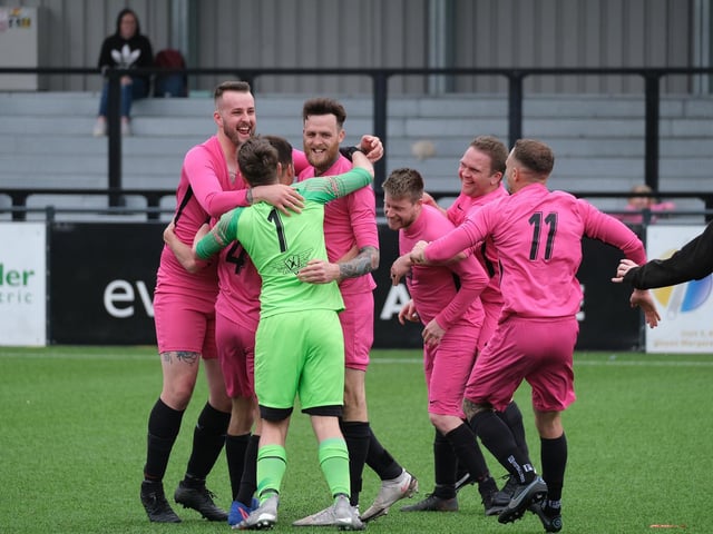 Cayton Corinthians celebrate their win aganst Roscoes Bar in Goal Sports Trophy final
