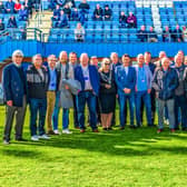 Whitby Town's Wembley sides - the surviving members from 1965 and most of the 1997 squad pictured together, with club representatives and Town Mayor, Cllr Linda Wild. Picture: Brian Murfield.