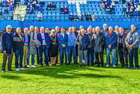 Whitby Town's Wembley sides - the surviving members from 1965 and most of the 1997 squad pictured together, with club representatives and Town Mayor, Cllr Linda Wild. Picture: Brian Murfield.