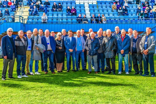 Whitby Town's Wembley sides - the surviving members from 1965 and most of the 1997 squad pictured together, with club representatives and Town Mayor, Cllr Linda Wild. Picture: Brian Murfield.