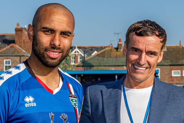 Whitby Town FC leading scorer for 2021-22, Jacob Hazel, with all-time top scorer Paul Pitman. Picture: Brian Murfield.